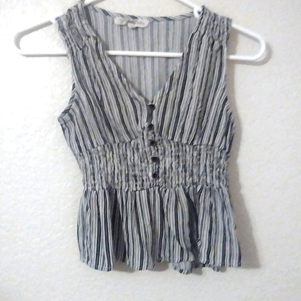 Navy Blue and White Striped Shirt with elastic in the middle